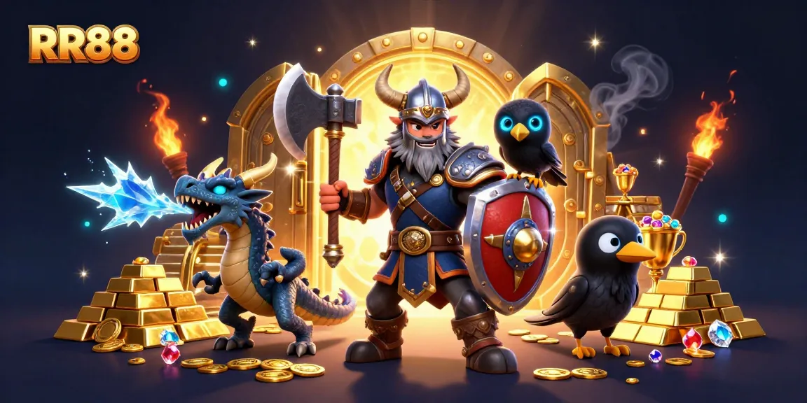RR88 captures the excitement of online casino gaming with dynamic characters and sparkling treasures.