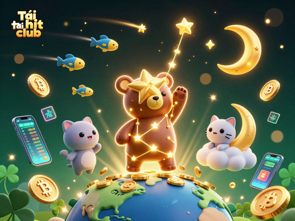 Experience the thrill of Tải hit club with a vibrant 3D scene featuring winning elements of gaming and cryptocurrency.