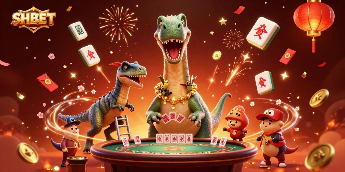 Win at SHBET with a lively scene featuring a brontosaurus and raptor at a poker table in a vibrant casino.
