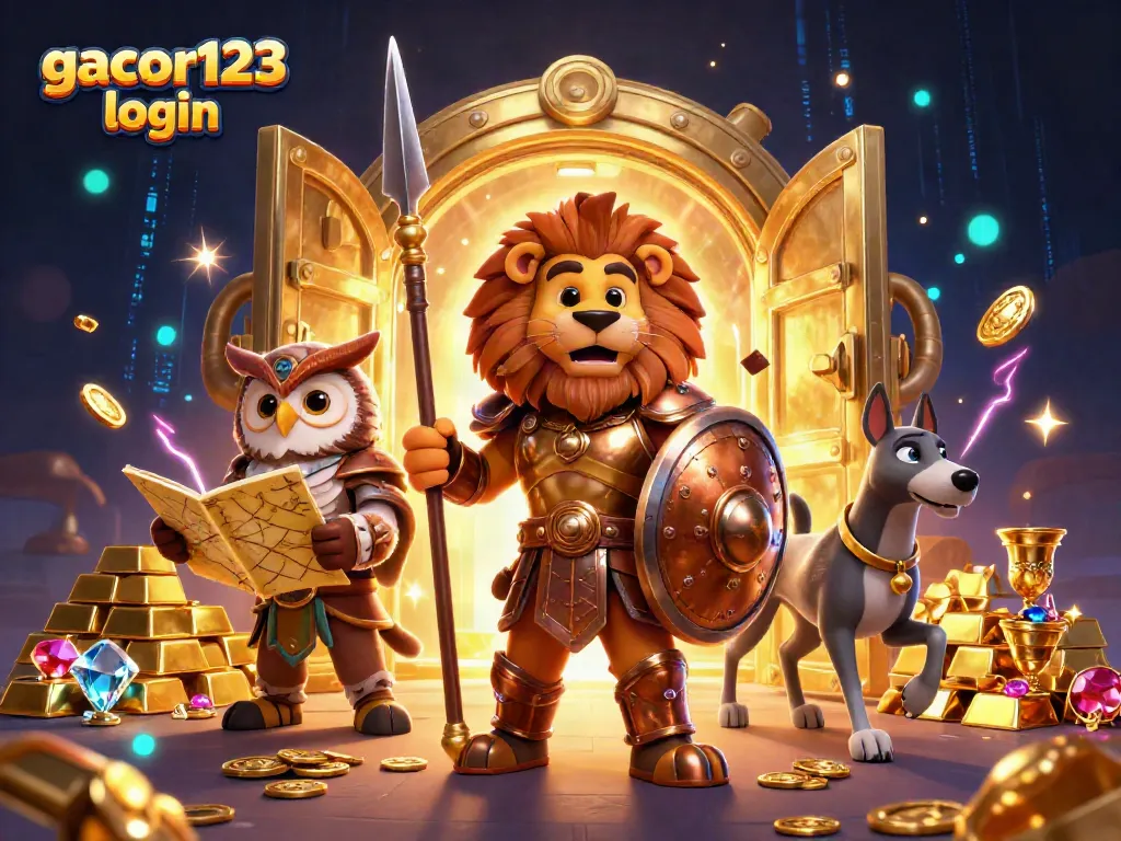 Experience the thrill of gacor123 login with a dynamic scene featuring a lion in bronze armor and treasures.