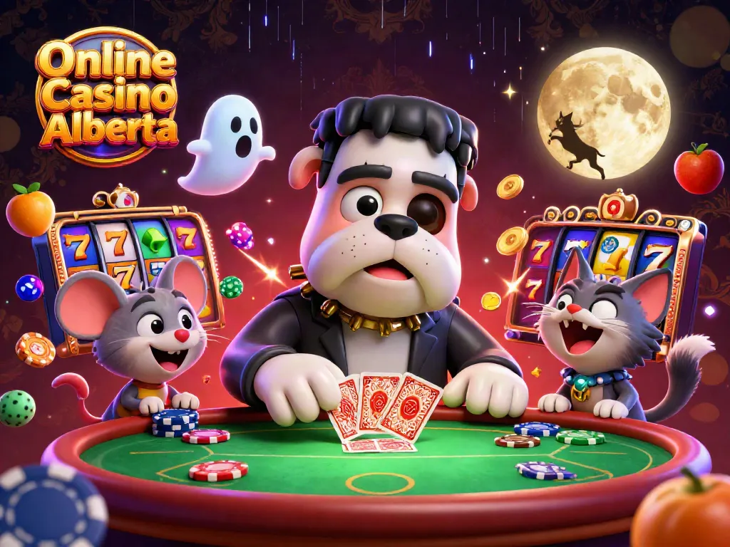 Play thrilling online casino games at Online Casino Alberta with a spooky character-filled scene.