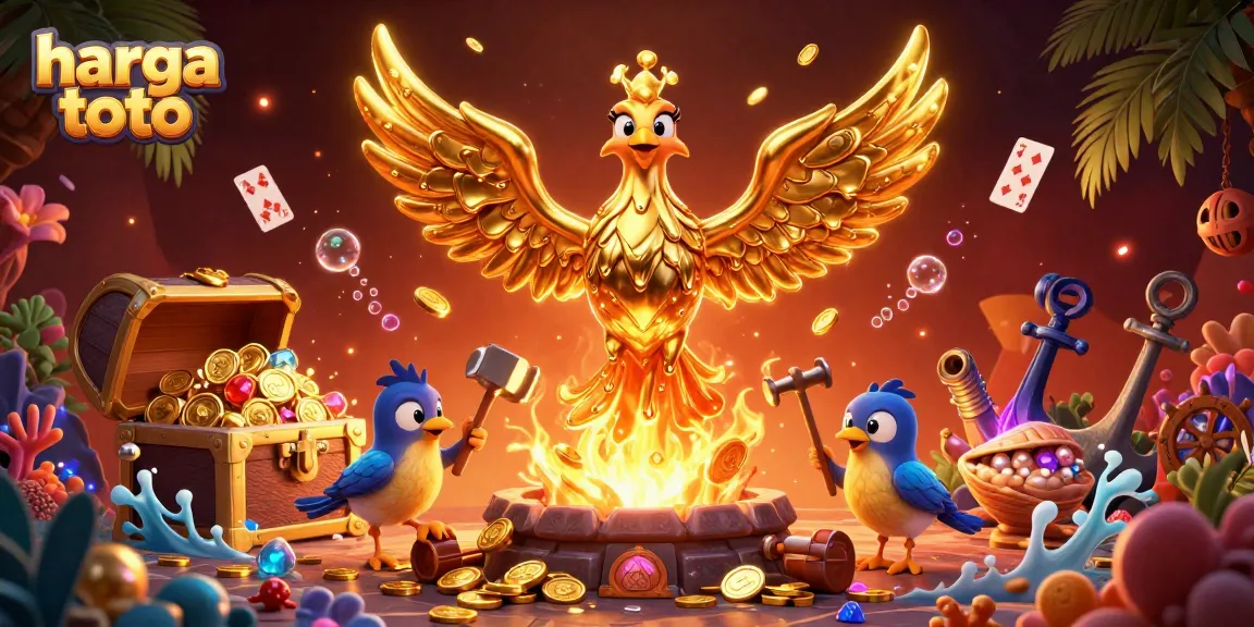 Experience the excitement of harga toto with a dynamic illustration of a golden phoenix and vibrant casino elements.