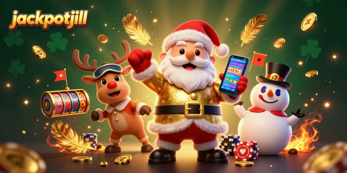 Experience jackpotjill's festive atmosphere with a vibrant illustration of casino characters and slot elements.