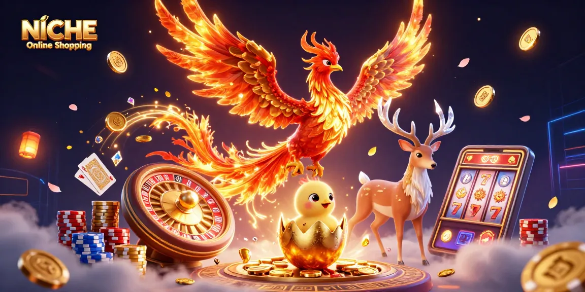 Spin to win with NICHE Online Shopping's vibrant casino scene filled with gold coins and stunning slots.