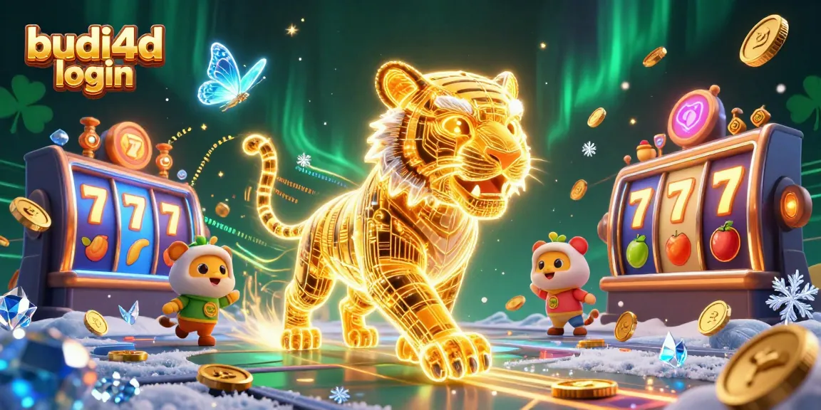 Experience the excitement of budi4d login with a vibrant digital casino featuring a neon tiger and slot games.