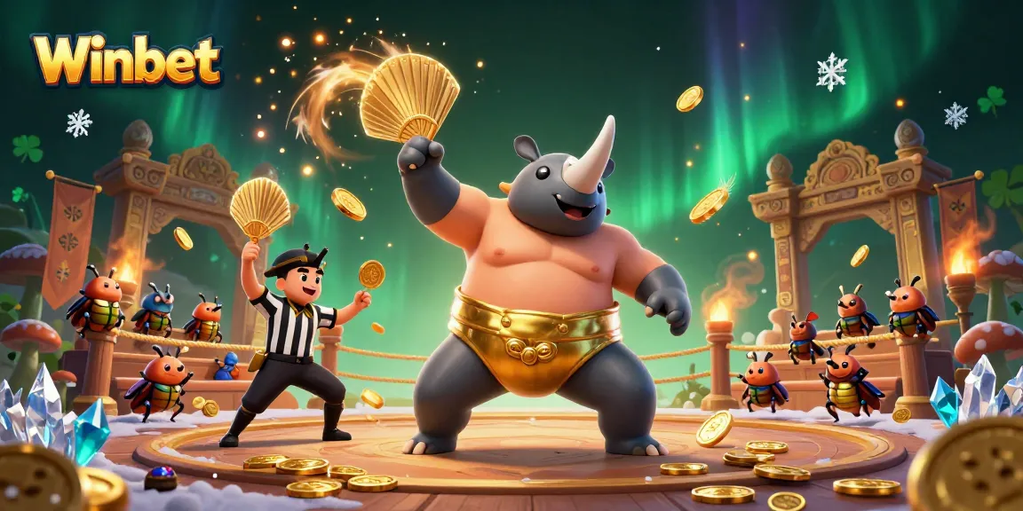 Winbet casino scene featuring a rhinoceros beetle champion and a cricket referee in a vibrant, dynamic arena.