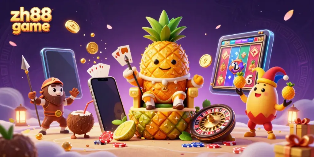 Engage with the vibrant zh88 game experience featuring a pineapple king and dynamic positions alongside classic casino gaming elements.