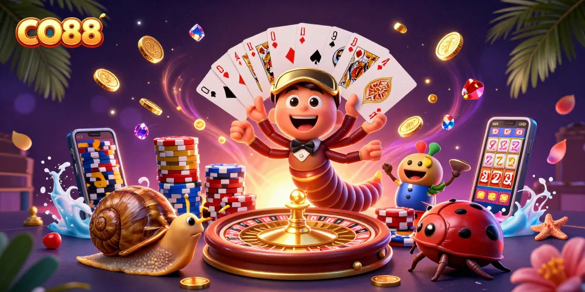 Experience CO88 gaming excitement with a vibrant 3D illustrated dealer, games, and vibrant casino elements.