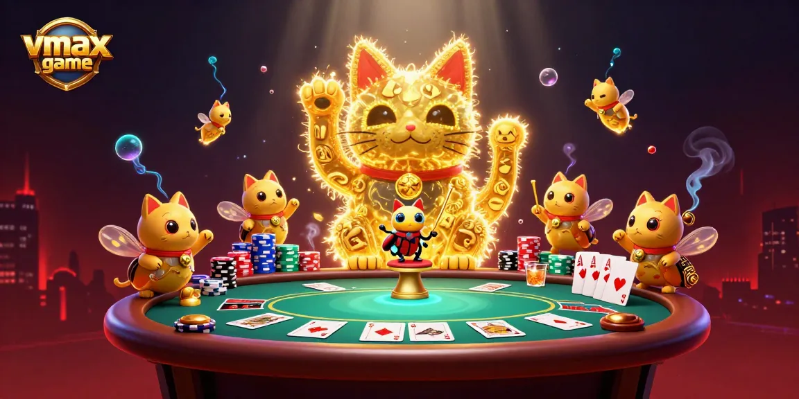 Experience the vmax game with immersive visuals of a magical casino world, featuring a lucky cat and vibrant gambling elements.