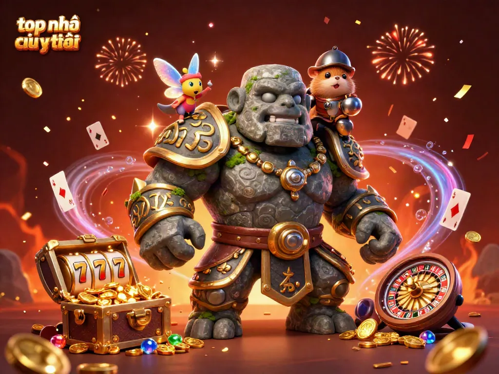 Experience top nhà cái uy tín in a thrilling scene featuring a magical golem and casino elements.
