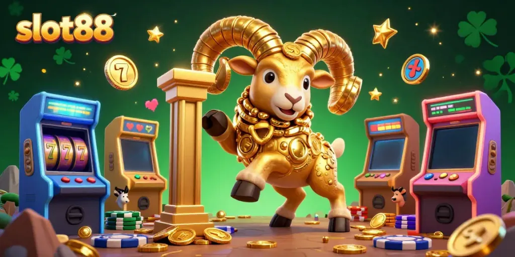 Slot88 mempersembahkan ilustrasi 3D yang menunjukkan domba emas besar dengan simbol jackpot dalam suasana kasino yang gembira.