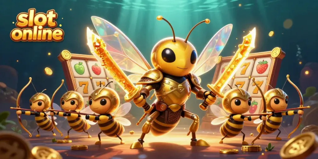 Experience the thrill of slot online with golden hornet and bee archers amid vibrant game symbols.