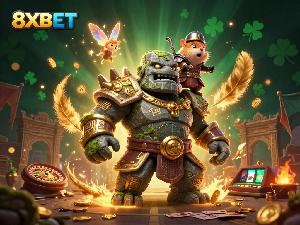Engage with the vibrant 8XBET gaming scene featuring a mystical golem, a fairy casting magic, and vibrant gambling elements.