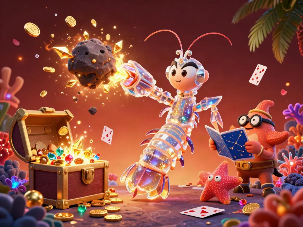 Experience the excitement of loto188 as a galactic samurai mantis shrimp bursts through an asteroid, revealing treasures.