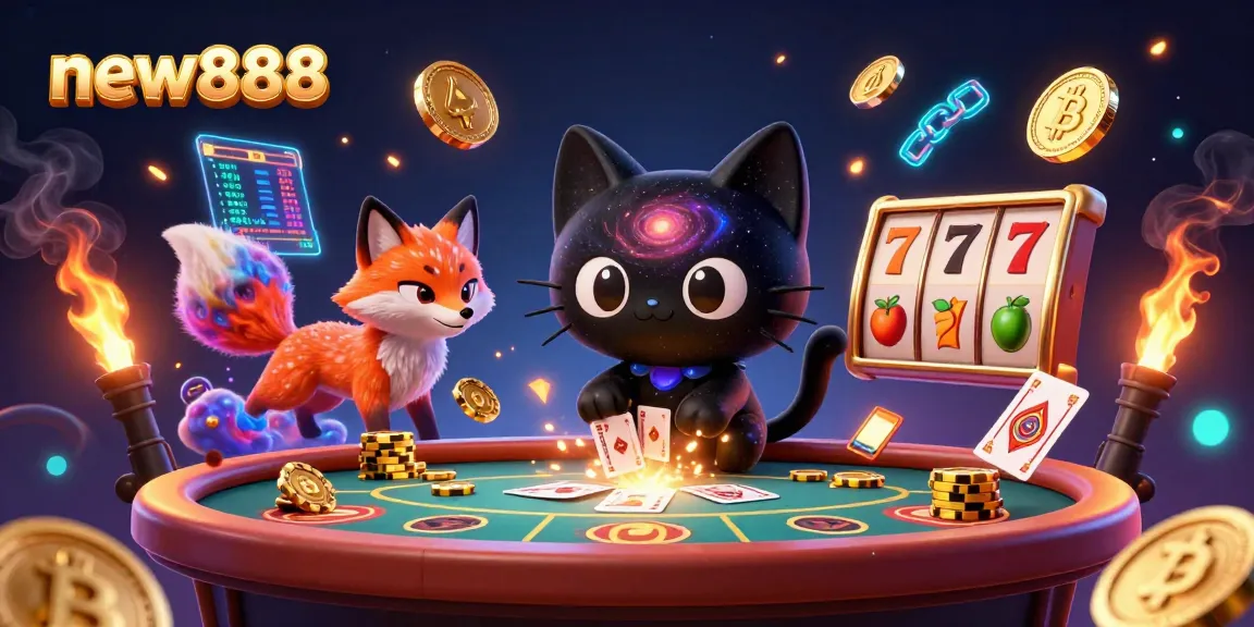Engage with new888 at a vibrant cosmic casino filled with colorful slot elements and digital currencies.