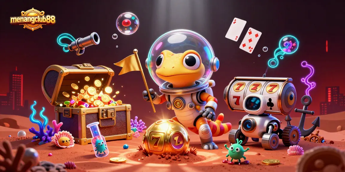 Engage with menangclub88’s vibrant casino world, led by a Martian gecko amidst games and treasures.