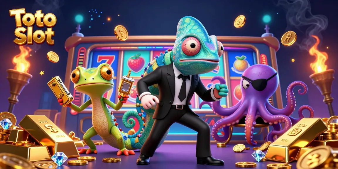 Toto Slot brings excitement with a colorful casino scene featuring vibrant slot reels, sparkling gems, and animated characters.