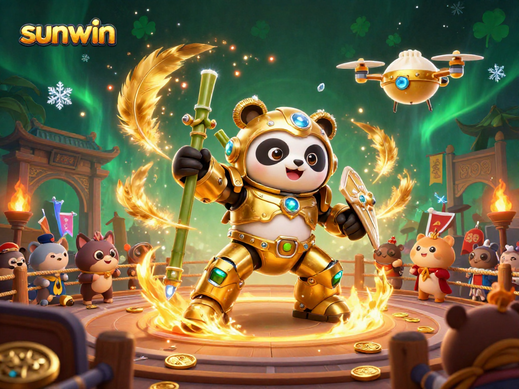 sunwin showcase a vibrant battle arena featuring a golden panda robot amidst cheering critters