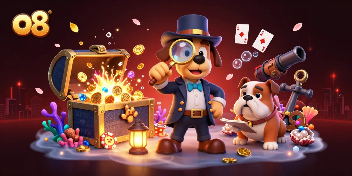 Experience the thrill of winning at o8 with a 3D cartoon detective uncovering poker chip treasures surrounded by vibrant game elements.