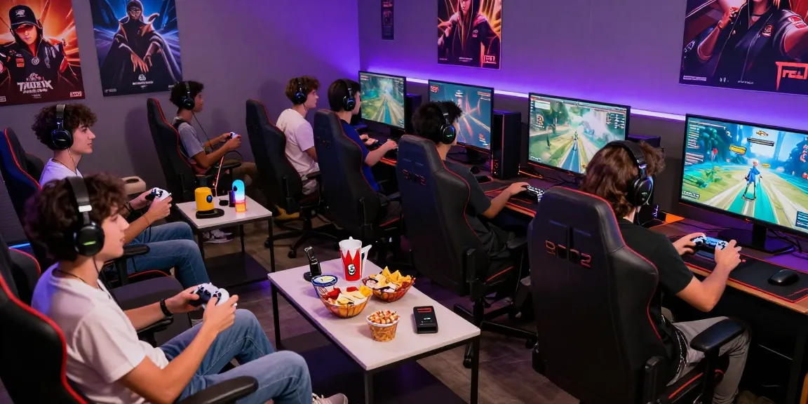 Suasana permainan terjun4d dengan teman-teman bermain game digital di ruang modern.