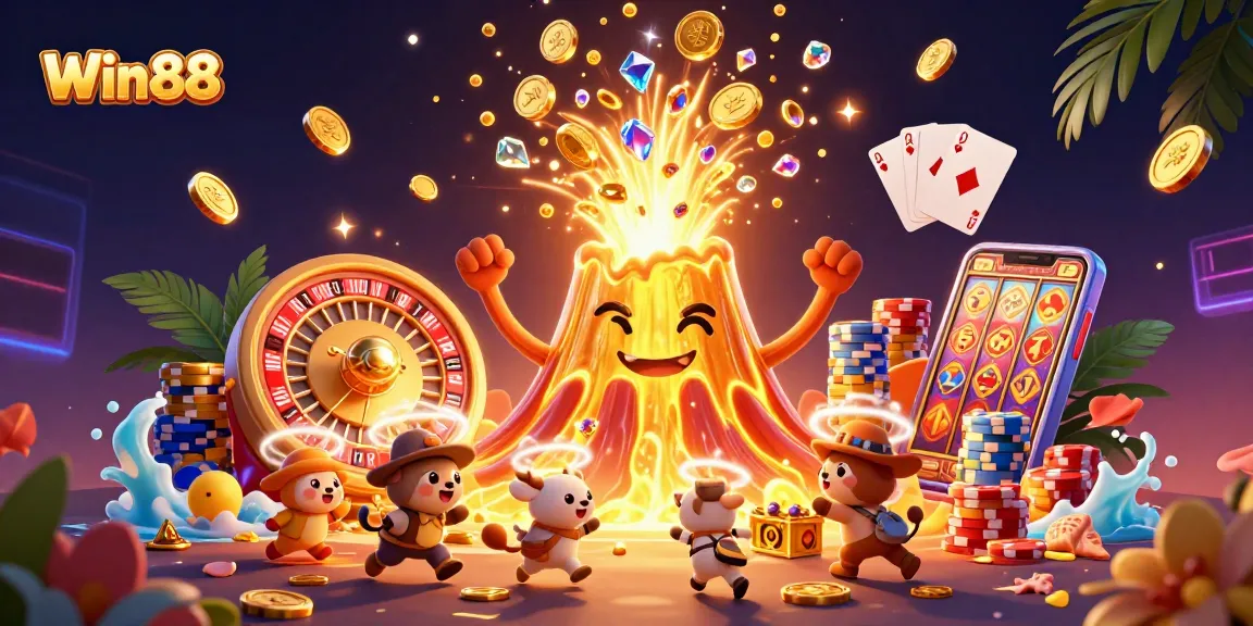 Experience the thrilling world of Win88 where triumph erupts like a golden volcano amidst dynamic casino elements.
