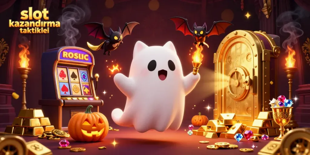 Engage in slot kazandırma taktikleri with a playful ghost cat and vampire bat in a haunted casino.