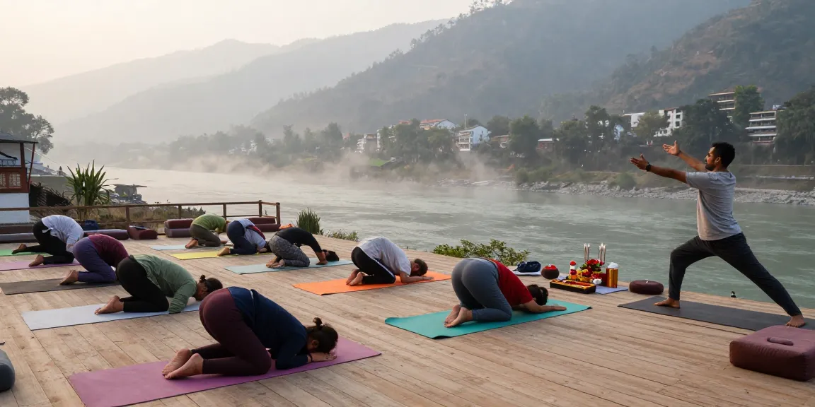 Yoga teacher training in Rishikesh with students practicing yoga at sunrise alongside the Ganges River, showcasing serene Himalayan backdrop.