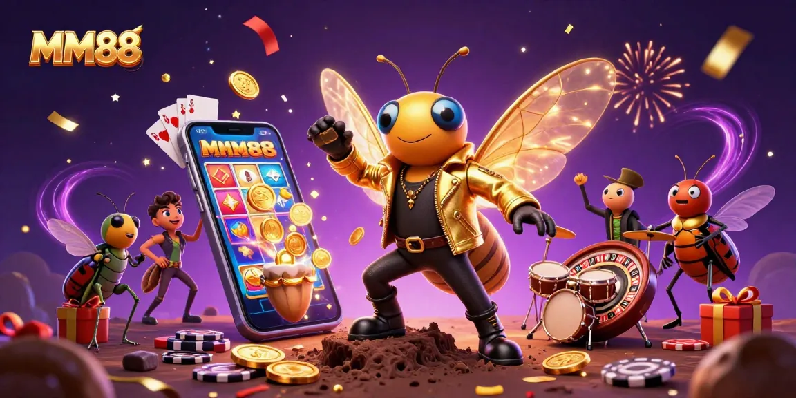 MM88 captivates players with a vibrant, dynamic casino scene showcasing exciting games and characters.