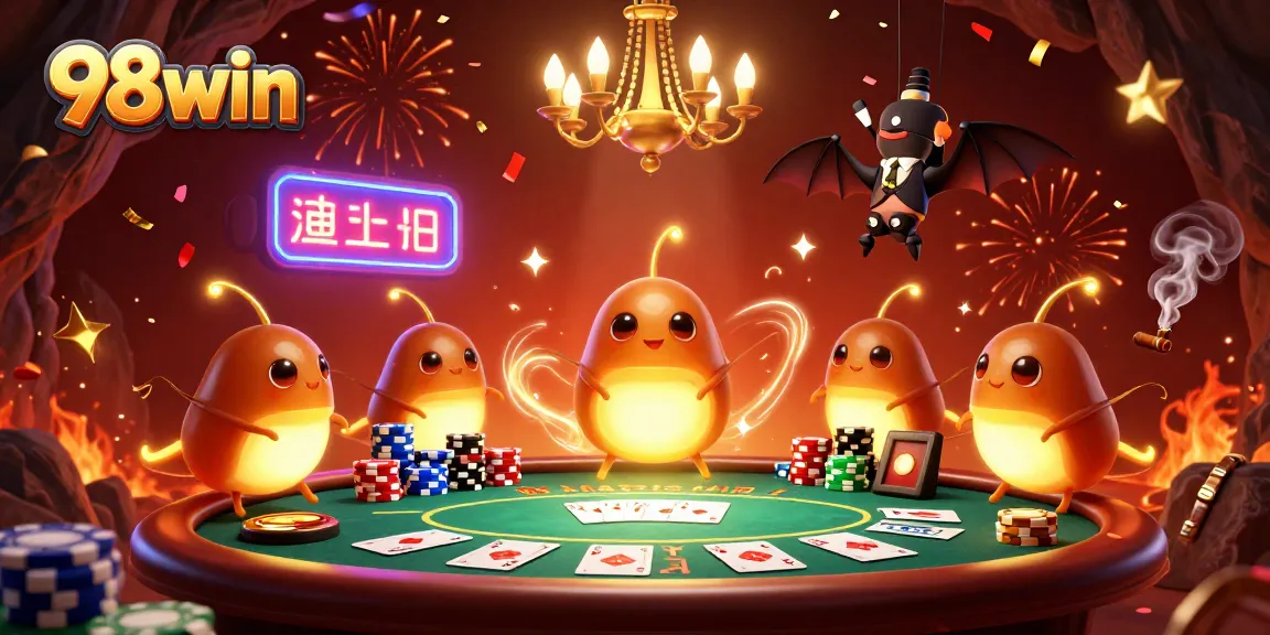 Experience exciting gameplay with 98win as glowing creatures illuminate a vibrant casino.