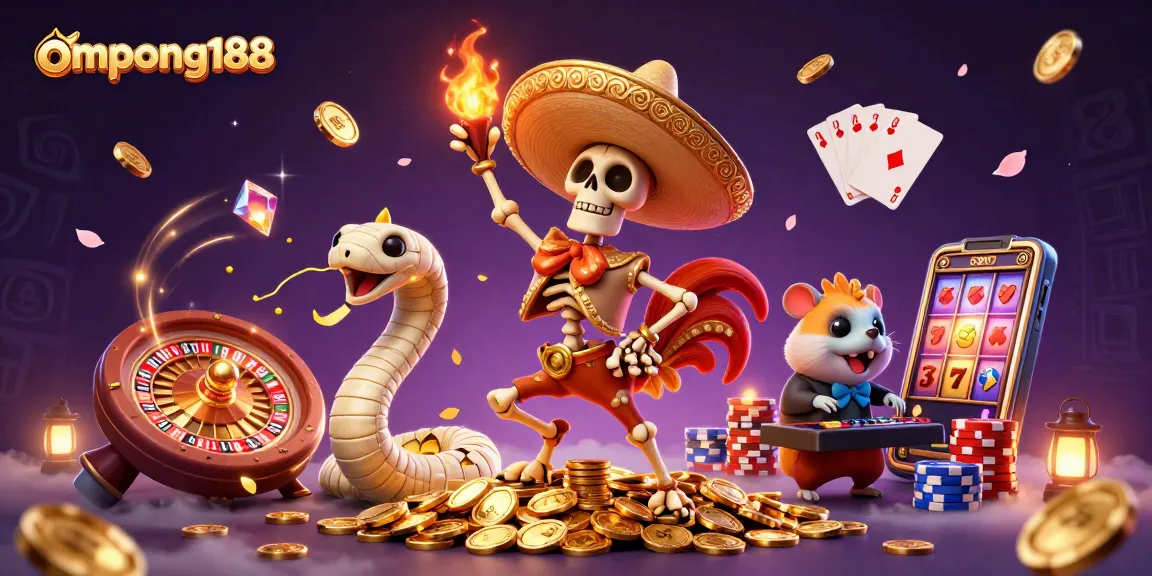 ompong188 menghadirkan suasana kasino dengan karakter skeleton mariachi dan elemen kasino kaya lainnya.