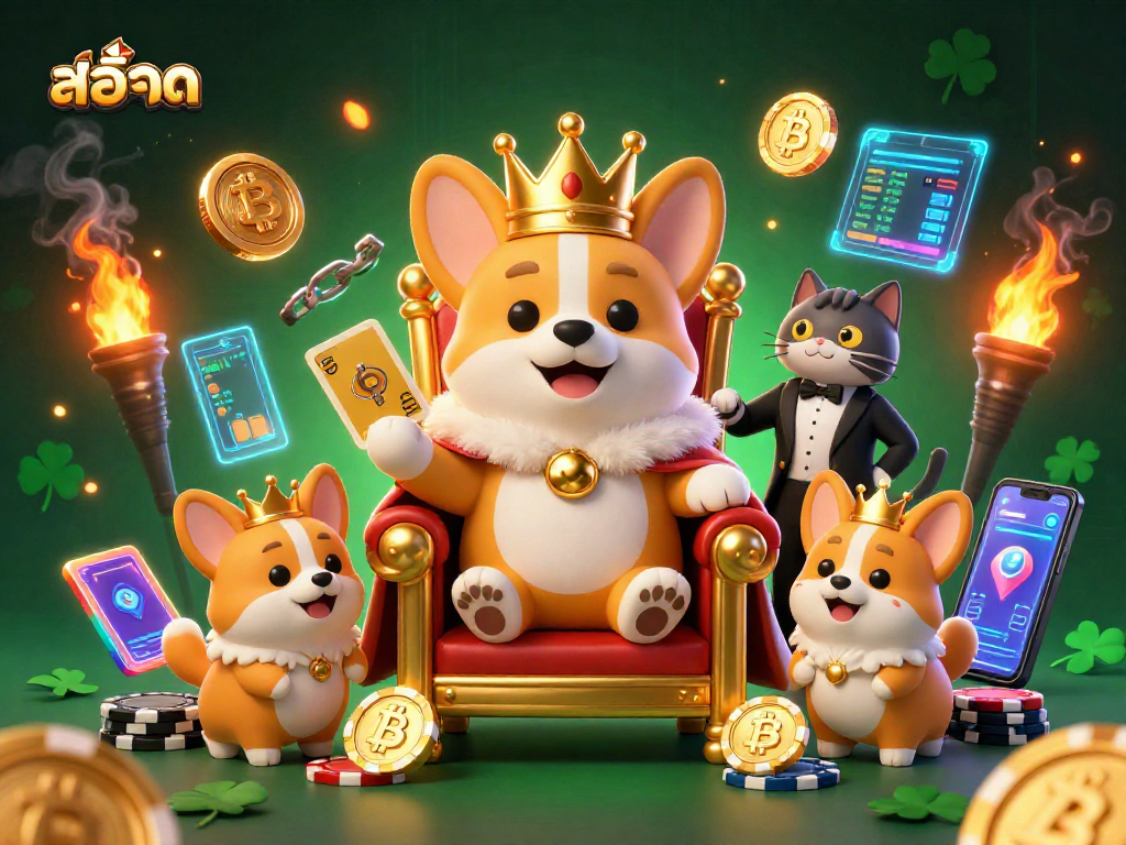 Experience the thrill of สล็อต with a royal corgi on a poker chip throne in a vibrant, digital casino scene.