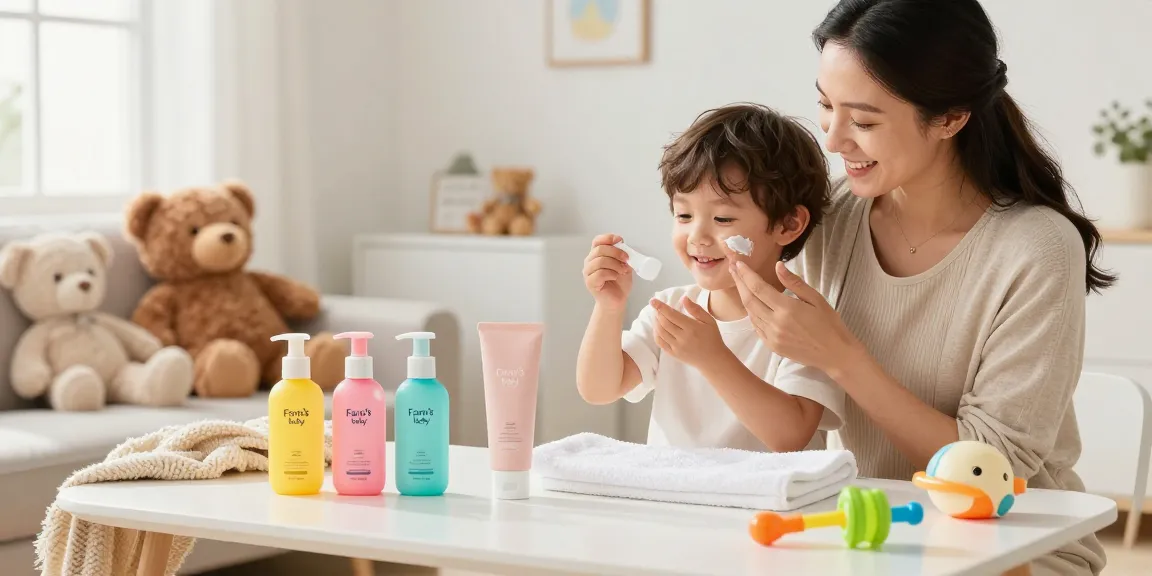 Mom and baby joyfully enjoying skin care together with สล็อตฝากขั้นต่ำ products in a bright family setting.
