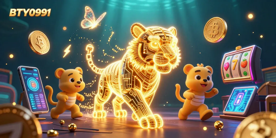Join the vibrant BTY0991 casino landscape with a neon golden tiger and crypto elements for an exciting gaming adventure.