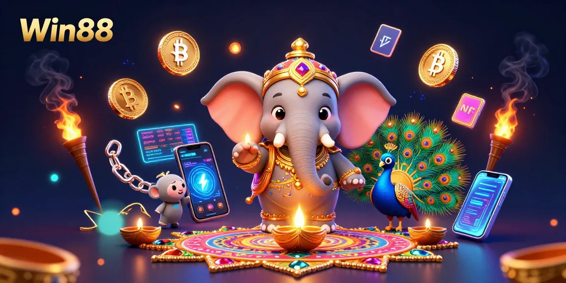 Experience the vibrant world of Win88 with this dynamic casino-themed illustration, showcasing gaming excitement.