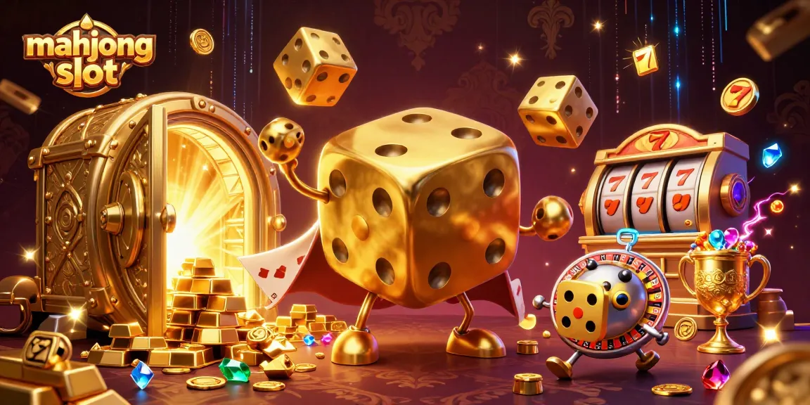 Win big with mahjong slot in this ultra-detailed 3D casino illustration featuring gold and gems.