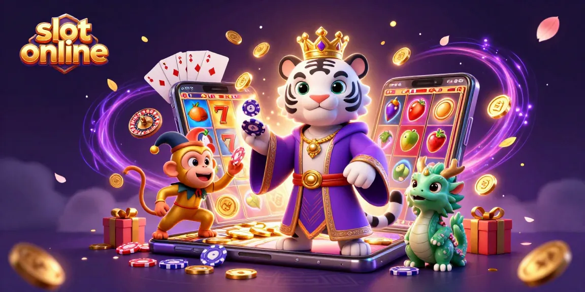 Simbol slot online dengan macan putih, monyet emas, dan naga giok dalam ilustrasi kasino.