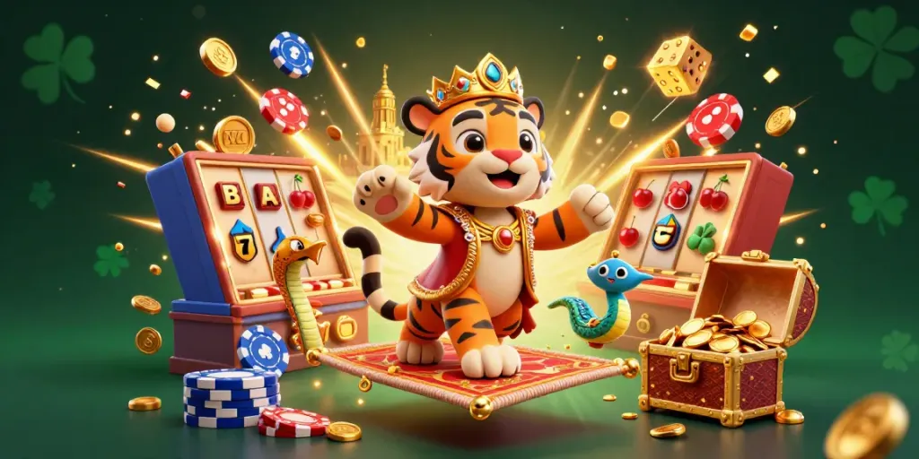 Menangkan slot mahjong dengan sultan harimau dan mesin slot berlimpah koin di latar belakang megah.