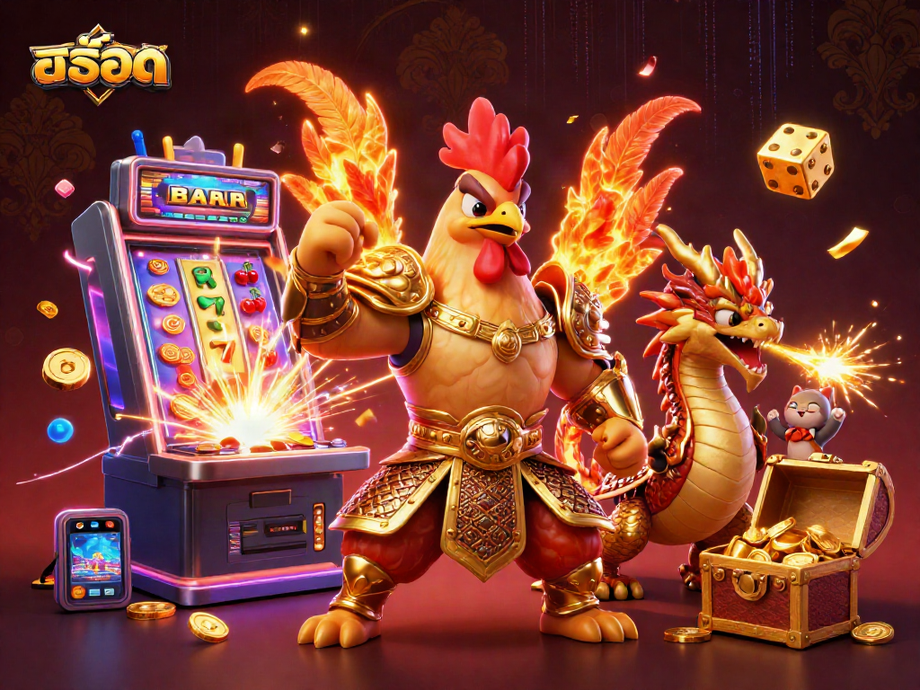 Engaging scene with a powerful fighting rooster, dragon, and fortune cat celebrating สล็อต slot machine jackpots.