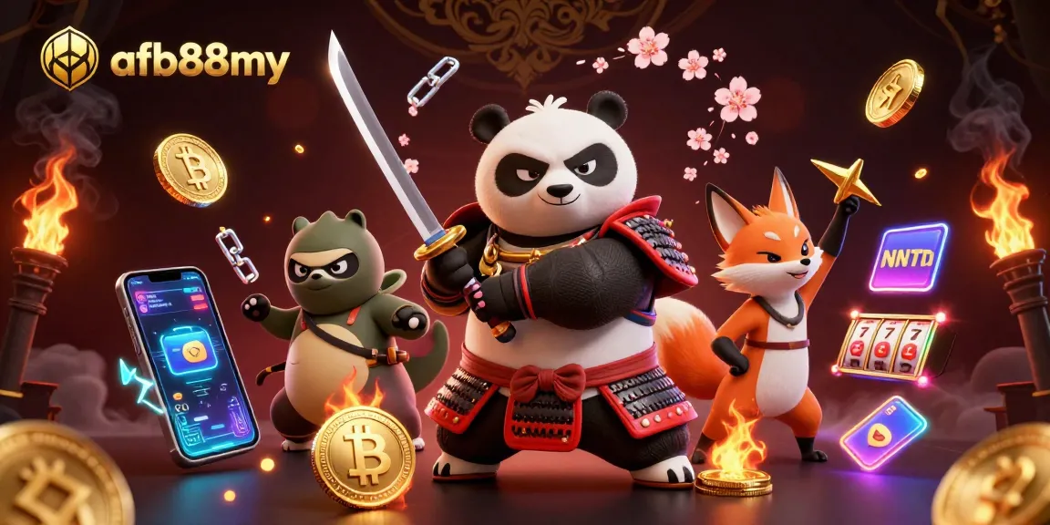 Win exciting jackpots with afb88my's vibrant samurai panda and ninja fox in an action-packed casino scene.