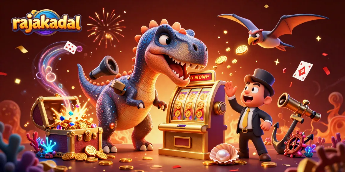 Permainan slot jackpot yang mendebarkan di rajakadal dengan karakter dinosaurus dan koin emas yang berserakan