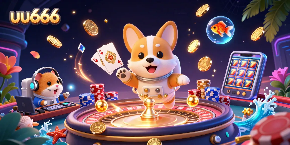 uu666 casino astronaut corgi floating in space, surrounded by casino elements and colorful jackpot rewards