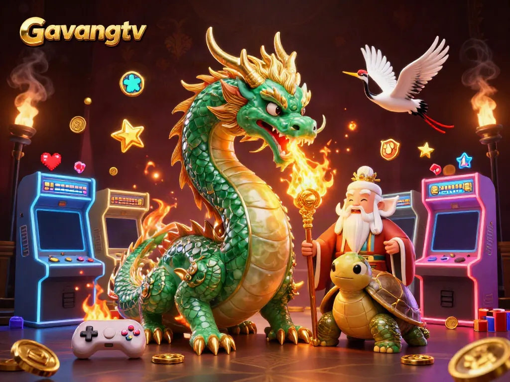 Experience explosive fun with Gavangtv's vibrant dragon, turtle, and cranes in a rich gaming scene.