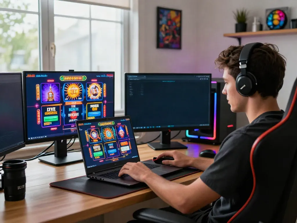 Player enjoying qqmacan online games in a modern gaming setup with colorful graphics.