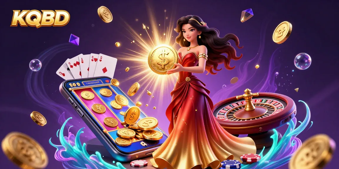 KQBD showcases a stunning Asian woman holding a golden coin, surrounded by dynamic gambling elements and vivid colors.
