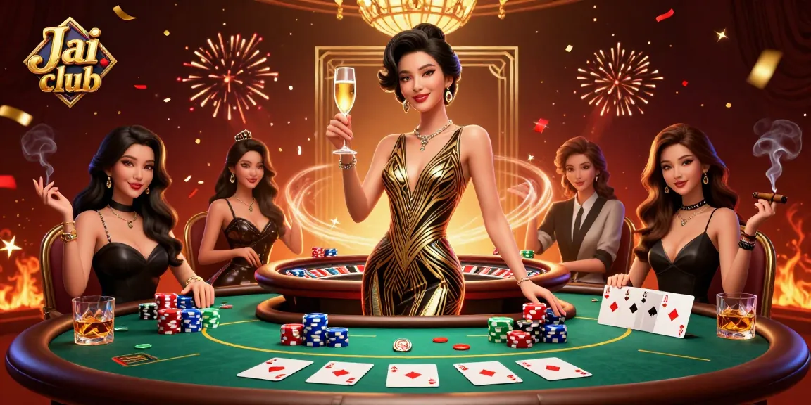 Experience the glamour of Jai club with an elegant casino scene featuring poker elements and celebration.