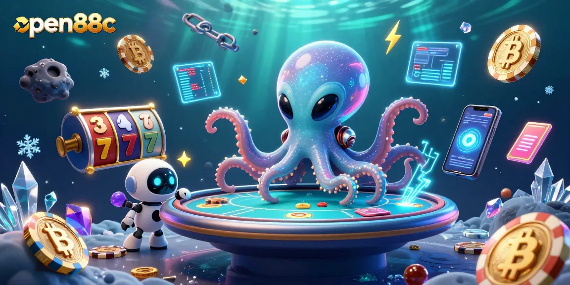 Engage with open88c's vibrant gaming universe featuring an alien octopus at a poker table.