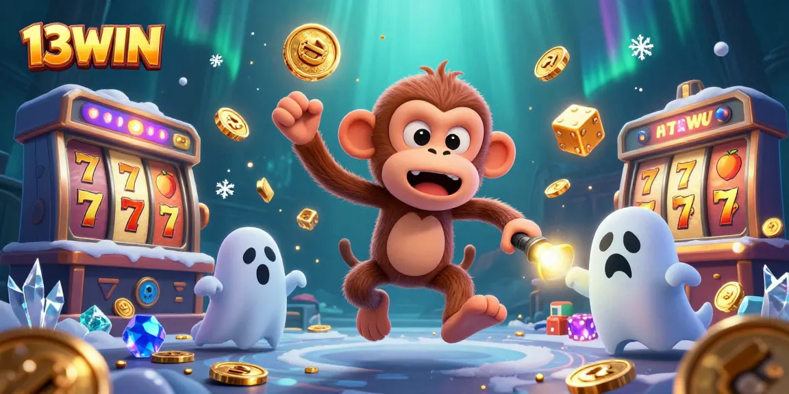 Experience the thrill of 13WIN with a playful poltergeist monkey and a curious puppy amidst dynamic casino elements!