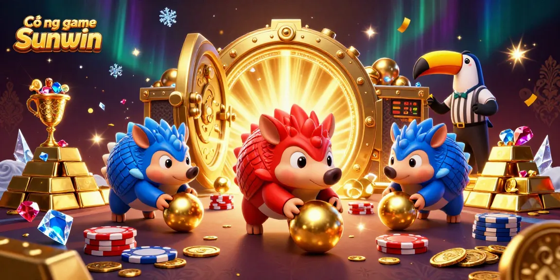 Cổng game Sunwin showcases rival pangolin characters in a vibrant casino scene, celebrating wins with poker chips.