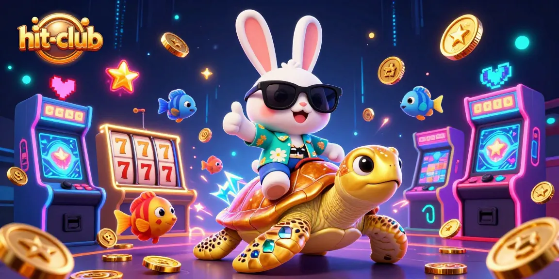 hit-club showcases a lucky rabbit and golden turtle celebrating a casino jackpot amidst vibrant gaming elements.