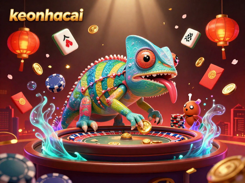 Engage with keonhacai at a vibrant casino with lively characters and festive elements.